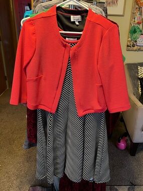 Coral/Red Textured Cropped Jacket with Black-and-White Dress